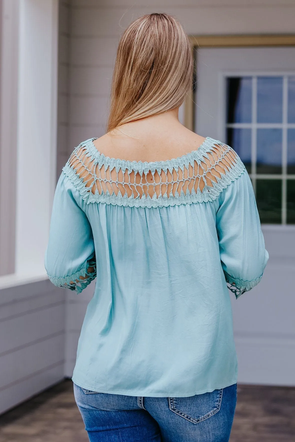 Done Up For Me Crochet Cutout Top in Aqua Blue