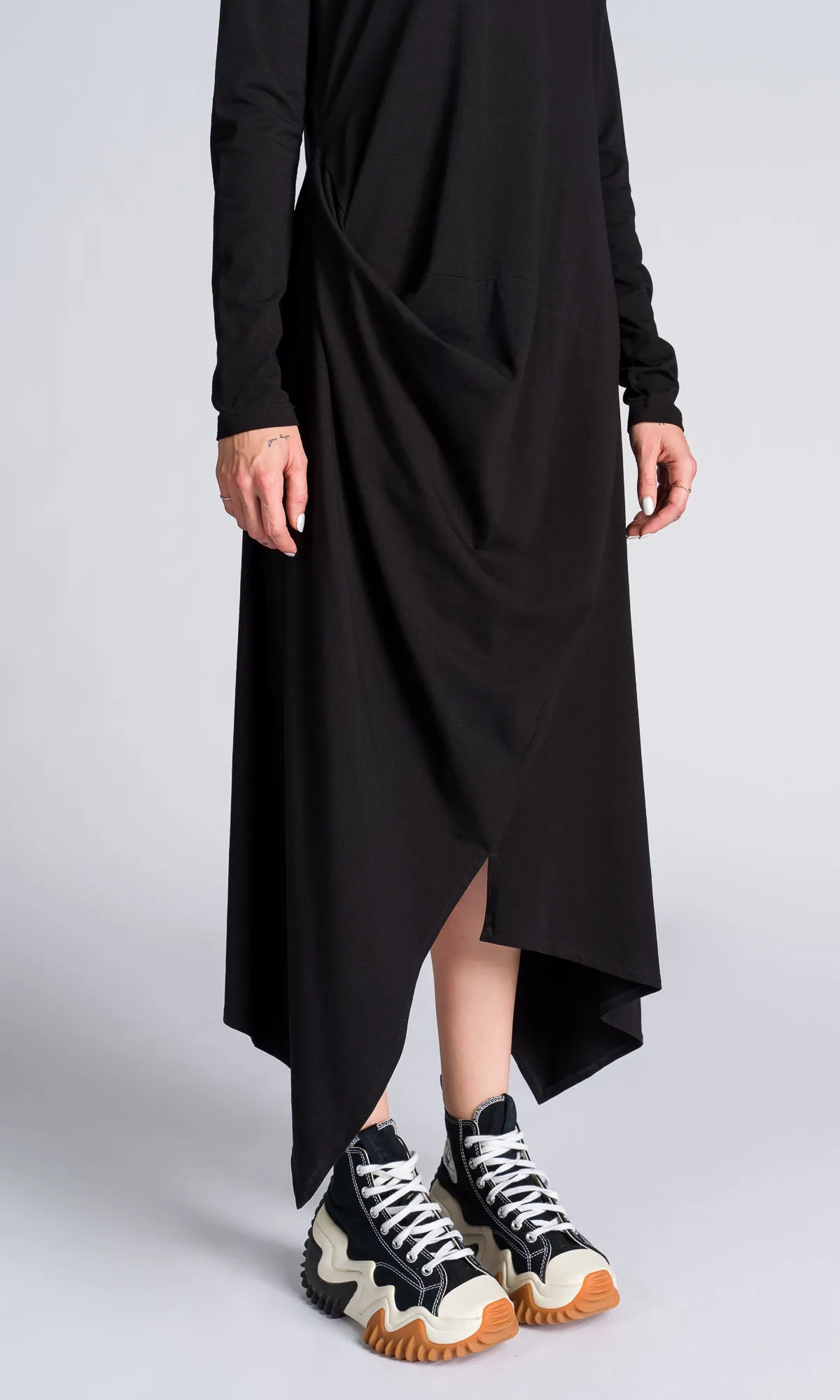 Draped Midi Dress with Asymmetric Hem