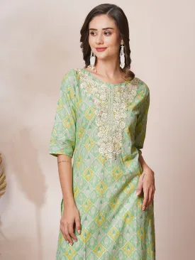 Ethnic Foil Printed & Chikankari Embroidered Straight Fit Kurta - Green