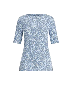 Floral Stretch Cotton Boatneck Tee - Blue