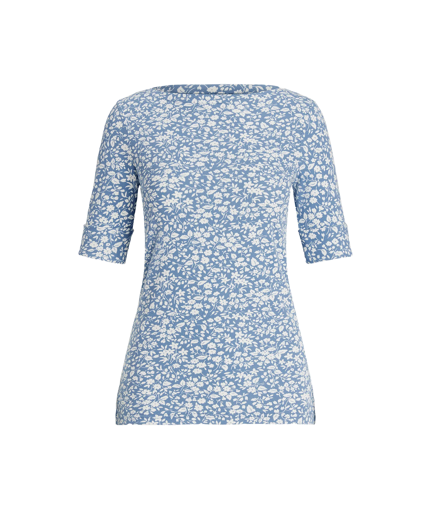 Floral Stretch Cotton Boatneck Tee - Blue