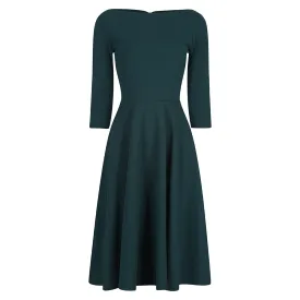 Forest Green Audrey 1950s Style 3/4 Sleeve Swing Dress