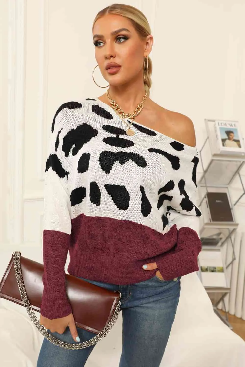 Full Size Two-Tone Boat Neck Sweater