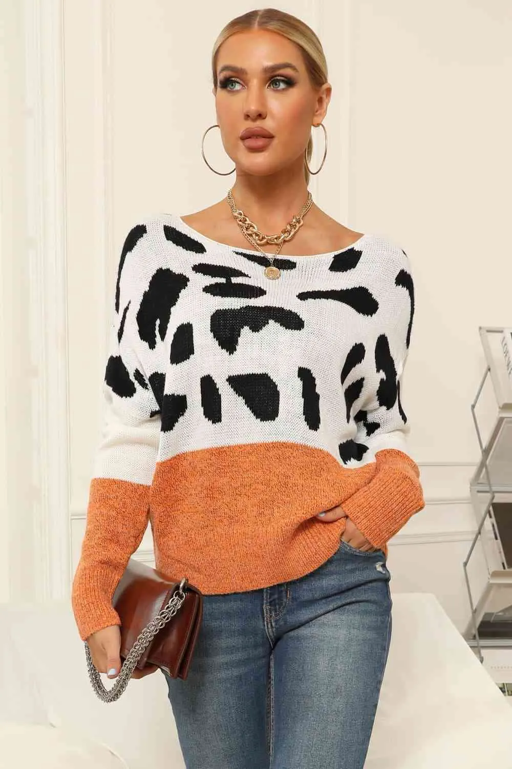 Full Size Two-Tone Boat Neck Sweater