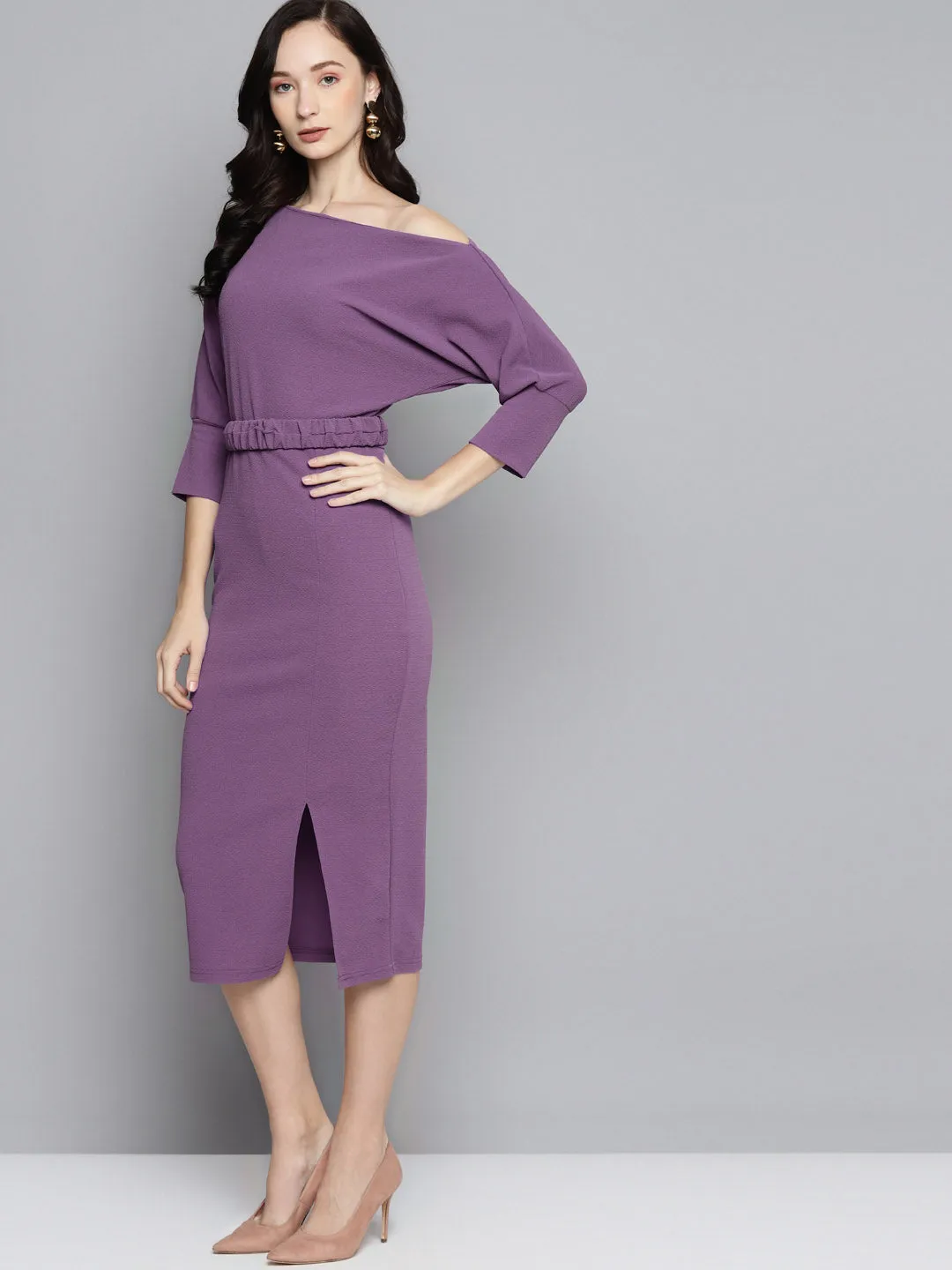 Lavender Belted Drop Shoulder Midi Dress