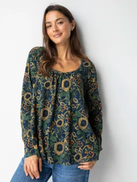 Long Sleeve Iris Top - Navy Tan Dahlias