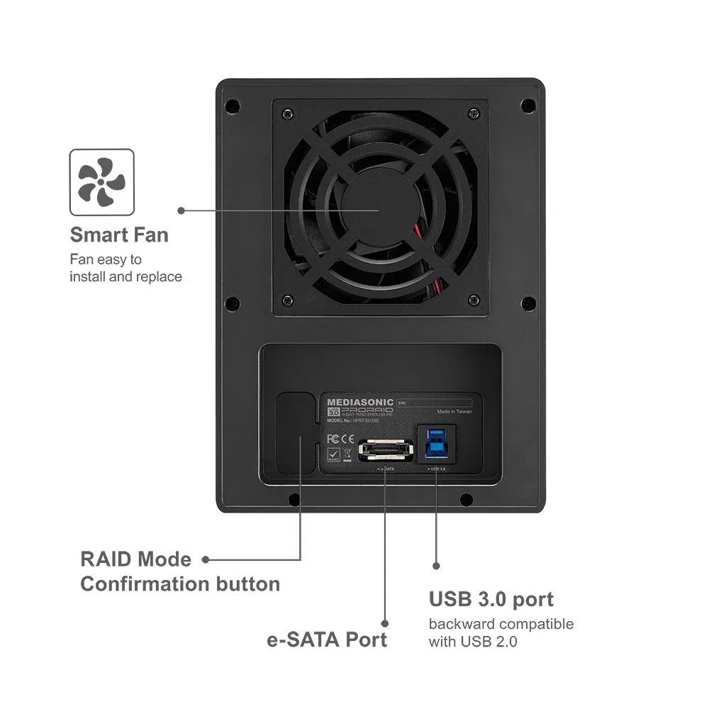 Mediasonic PRORAID 4 Bay 3.5" SATA Hard Drive Enclosure - USB 3.0 & eSATA 12TB Support (HFR7-SU3S2)