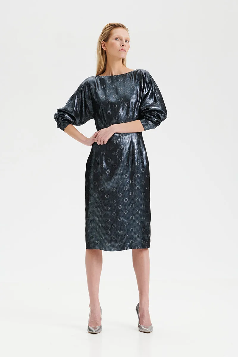 O-logo sequin jacquard midi dress in steel blue