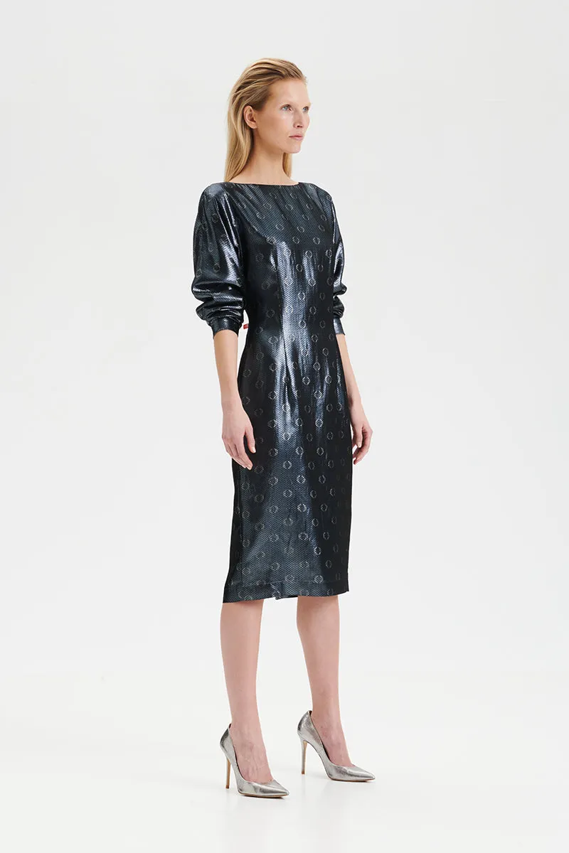 O-logo sequin jacquard midi dress in steel blue