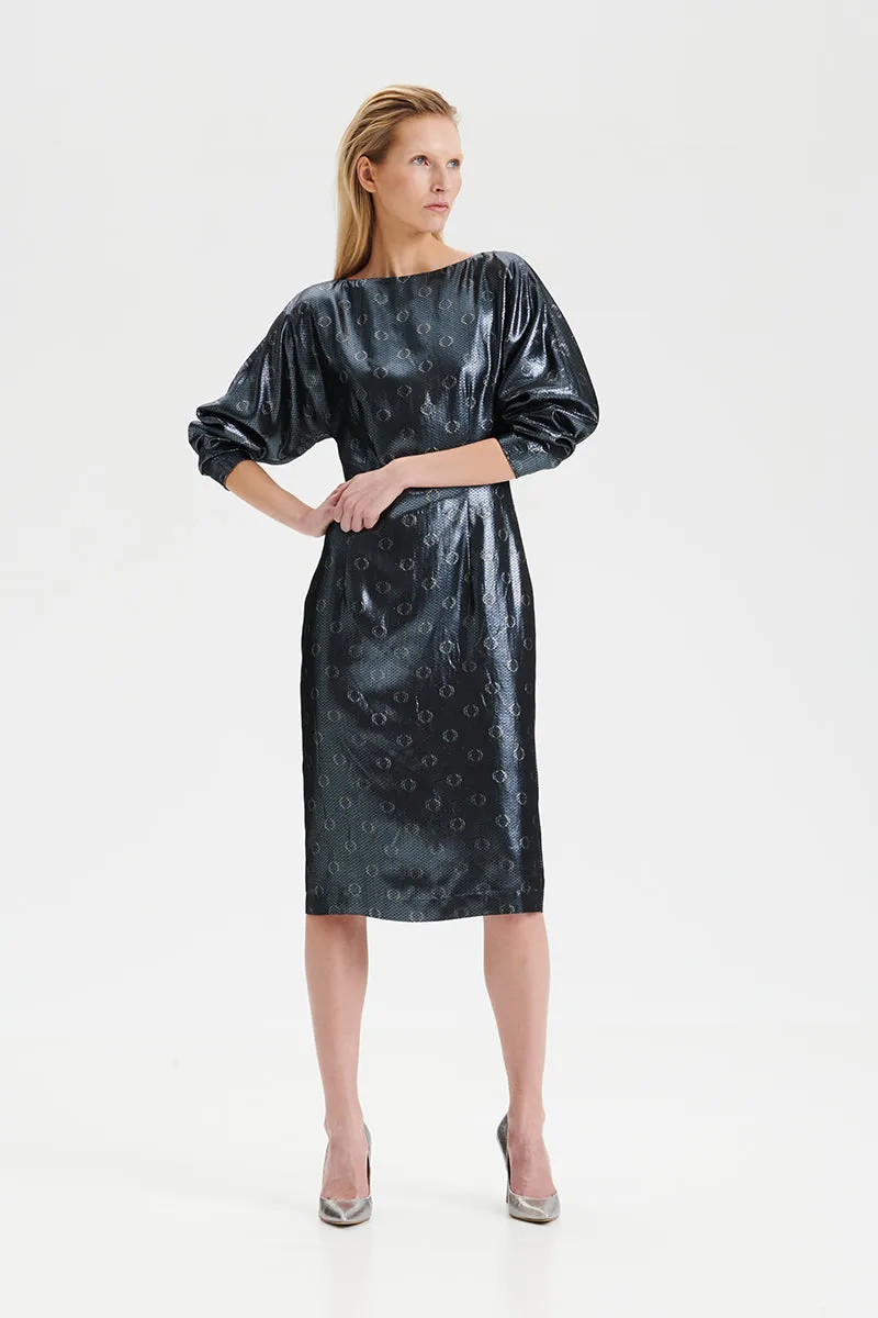 O-logo sequin jacquard midi dress in steel blue