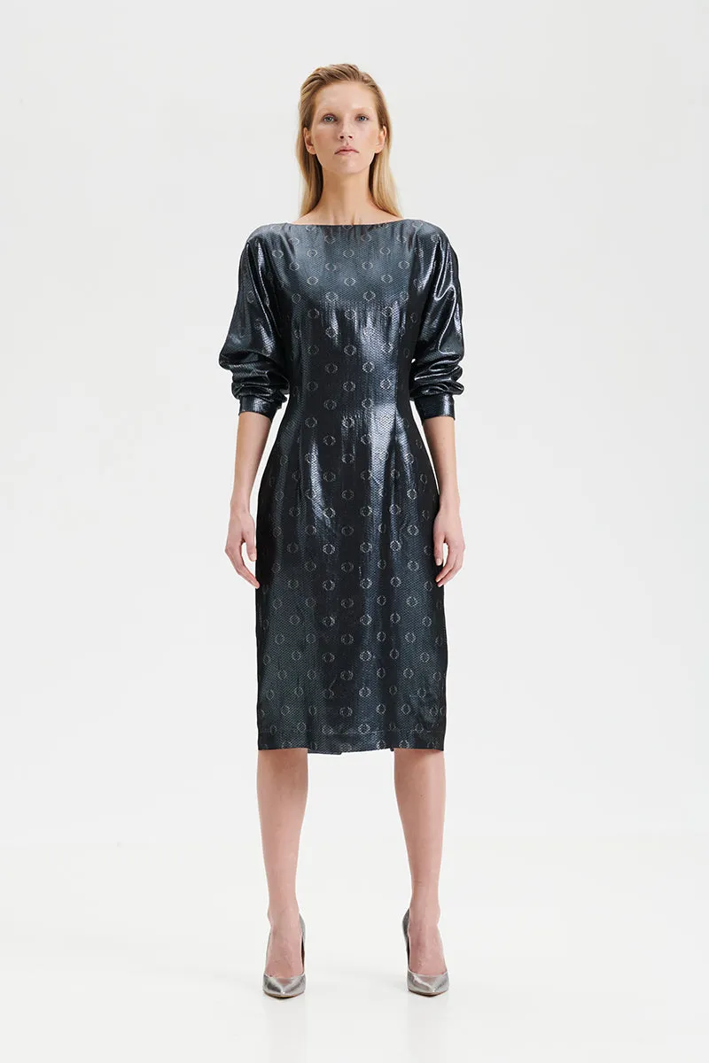 O-logo sequin jacquard midi dress in steel blue