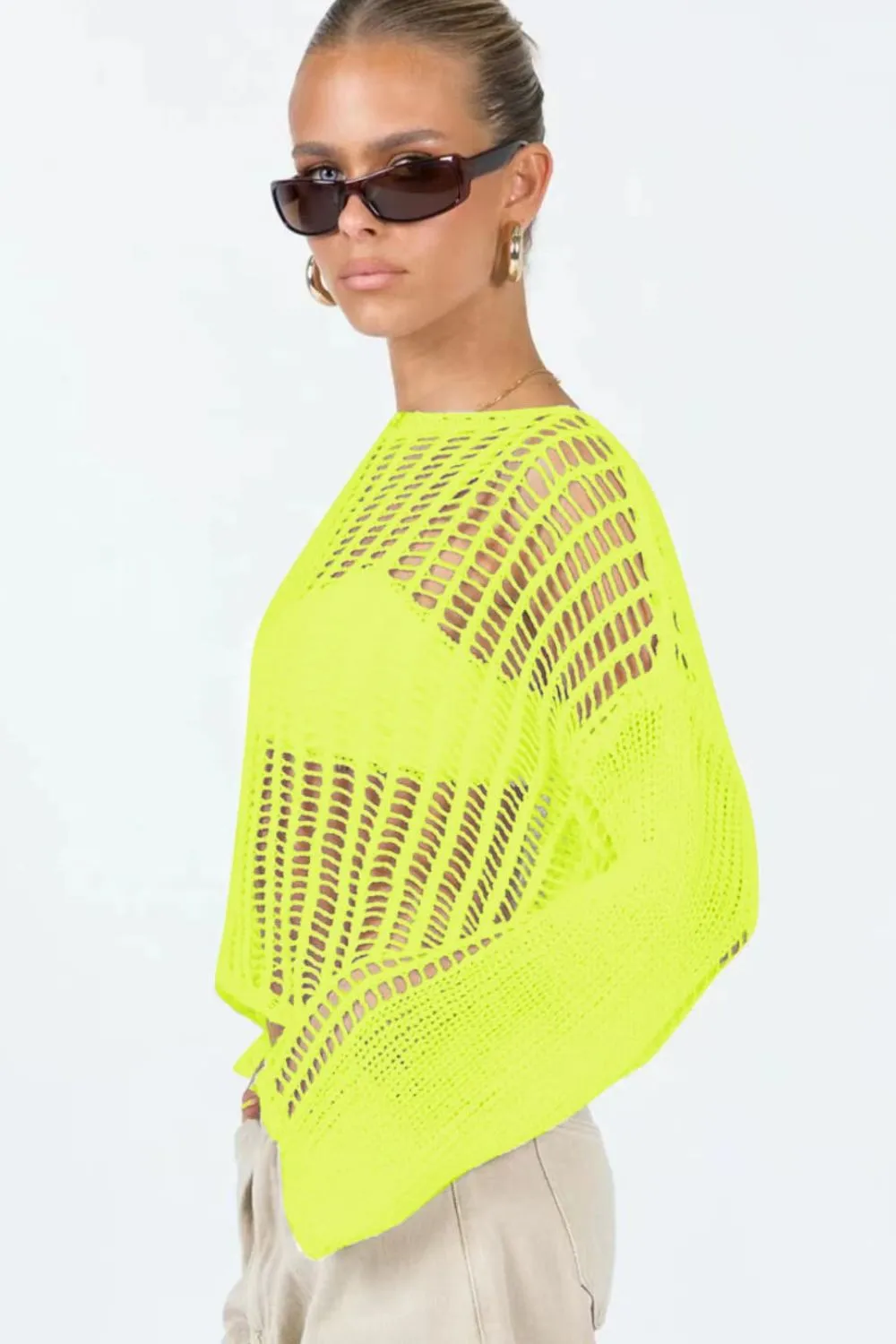 Openwork Boat Neck Long Sleeve Cover Up