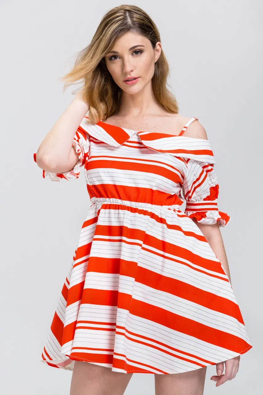 Orange Stripe Boat Collar Mini Dress