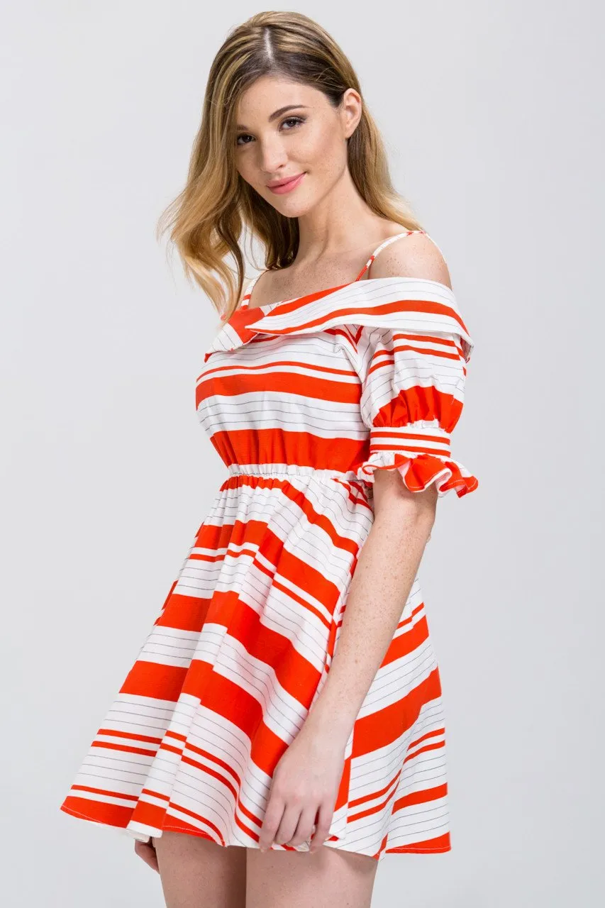 Orange Stripe Boat Collar Mini Dress