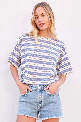 Sundry Harbor Stripe Boat Tee in Blue Linen