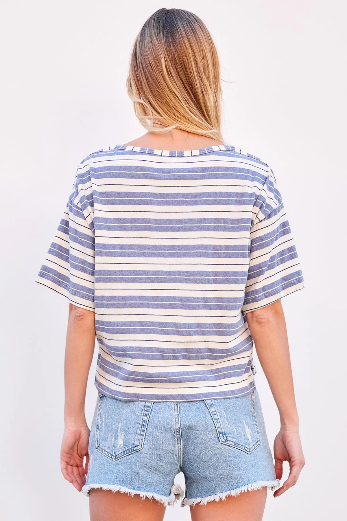 Sundry Harbor Stripe Boat Tee in Blue Linen