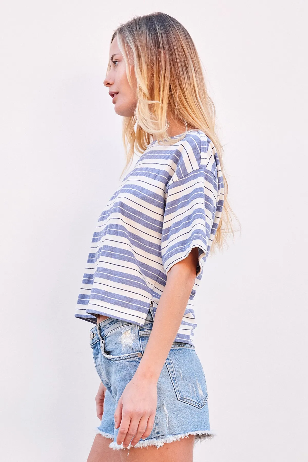 Sundry Harbor Stripe Boat Tee in Blue Linen