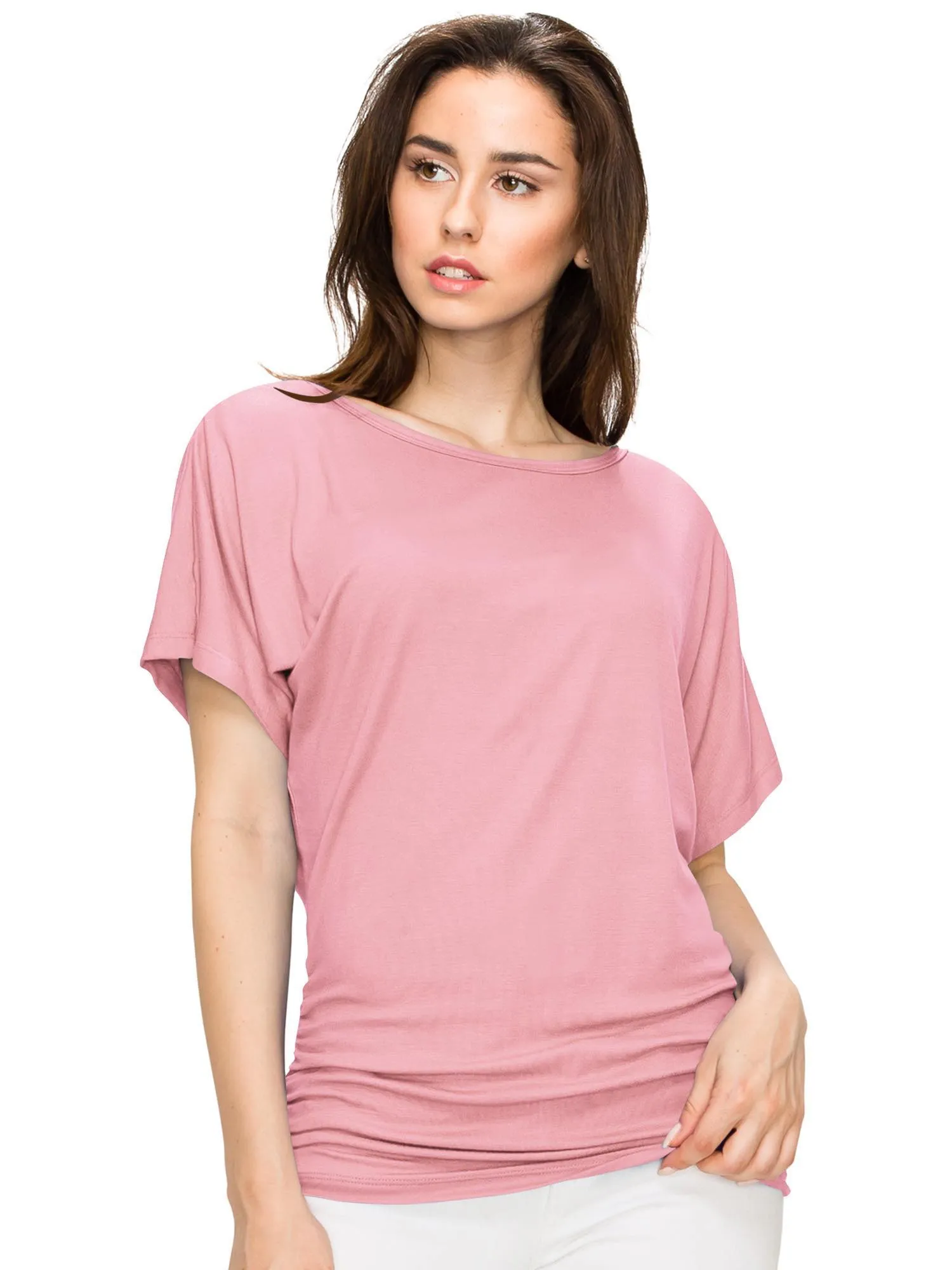 Women's Solid Short Sleeve Boat Neck V-Neck Dolman Top