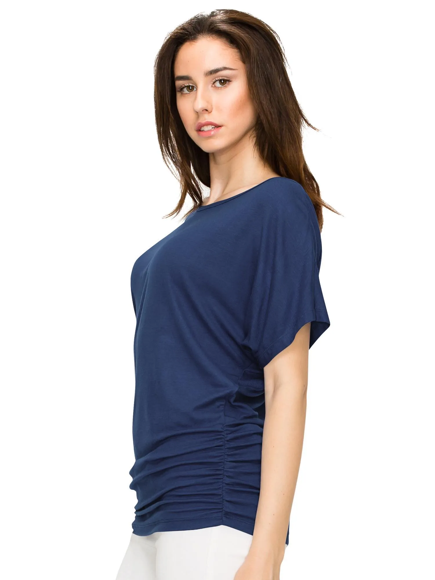 Women's Solid Short Sleeve Boat Neck V-Neck Dolman Top