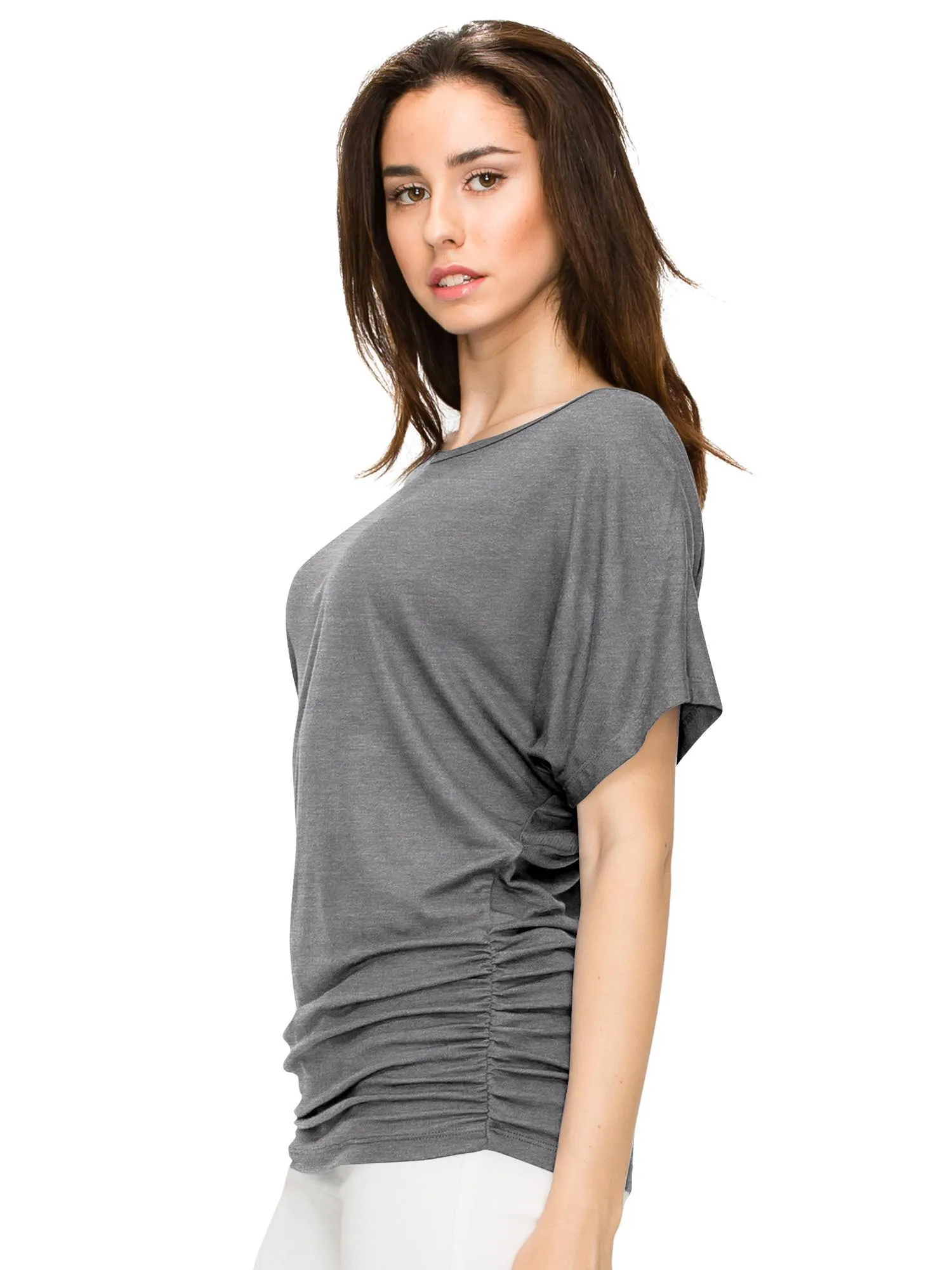 Women's Solid Short Sleeve Boat Neck V-Neck Dolman Top