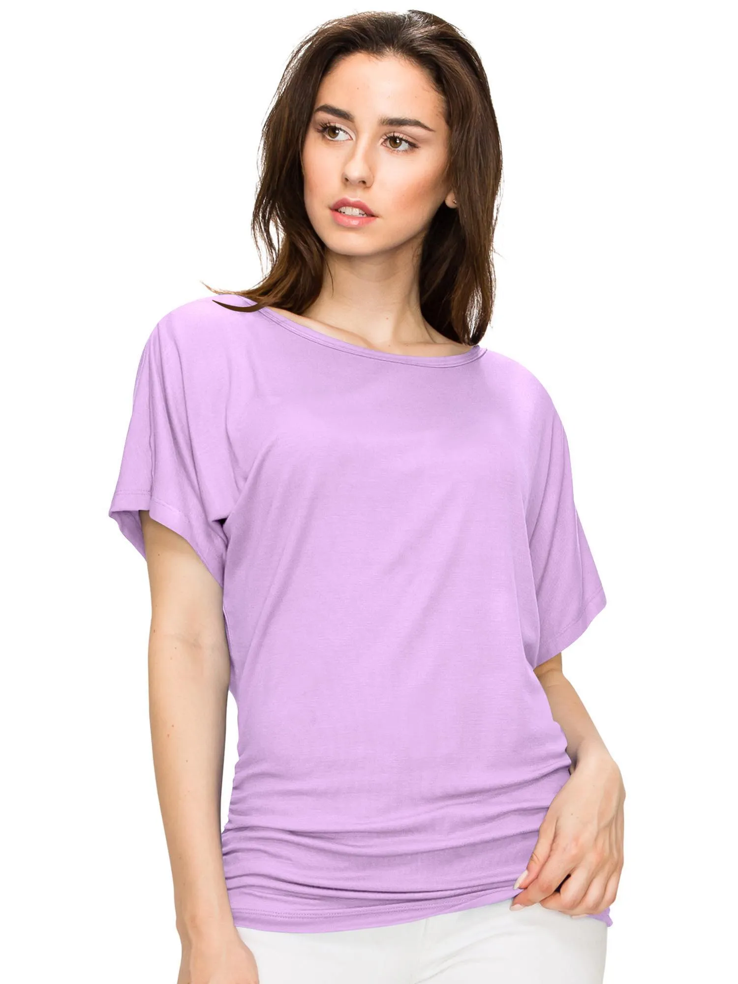 Women's Solid Short Sleeve Boat Neck V-Neck Dolman Top